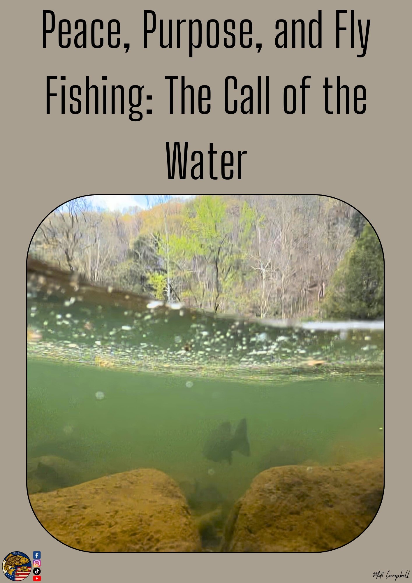 Blog post “Peace, Purpose, and Fly Fishing: The Call of the Water” featuring an underwater photo of a smallmouth bass swimming away.