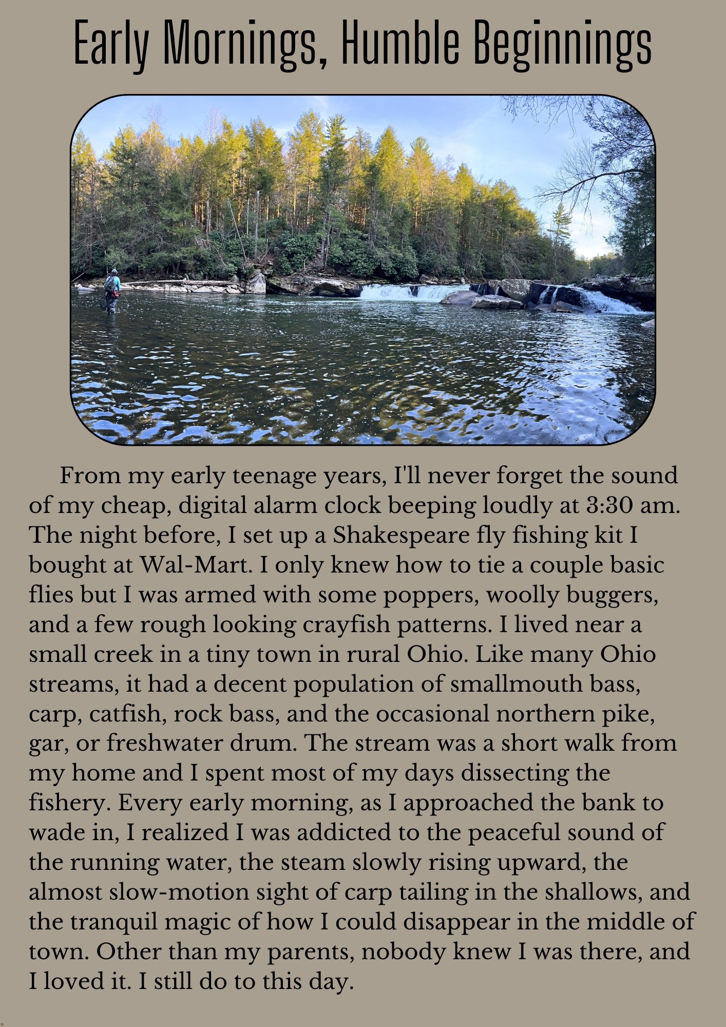 “Call of the Water” blog post page 2, Early Mornings, Humble Beginnings, with a fly angler below a Maryland waterfall.