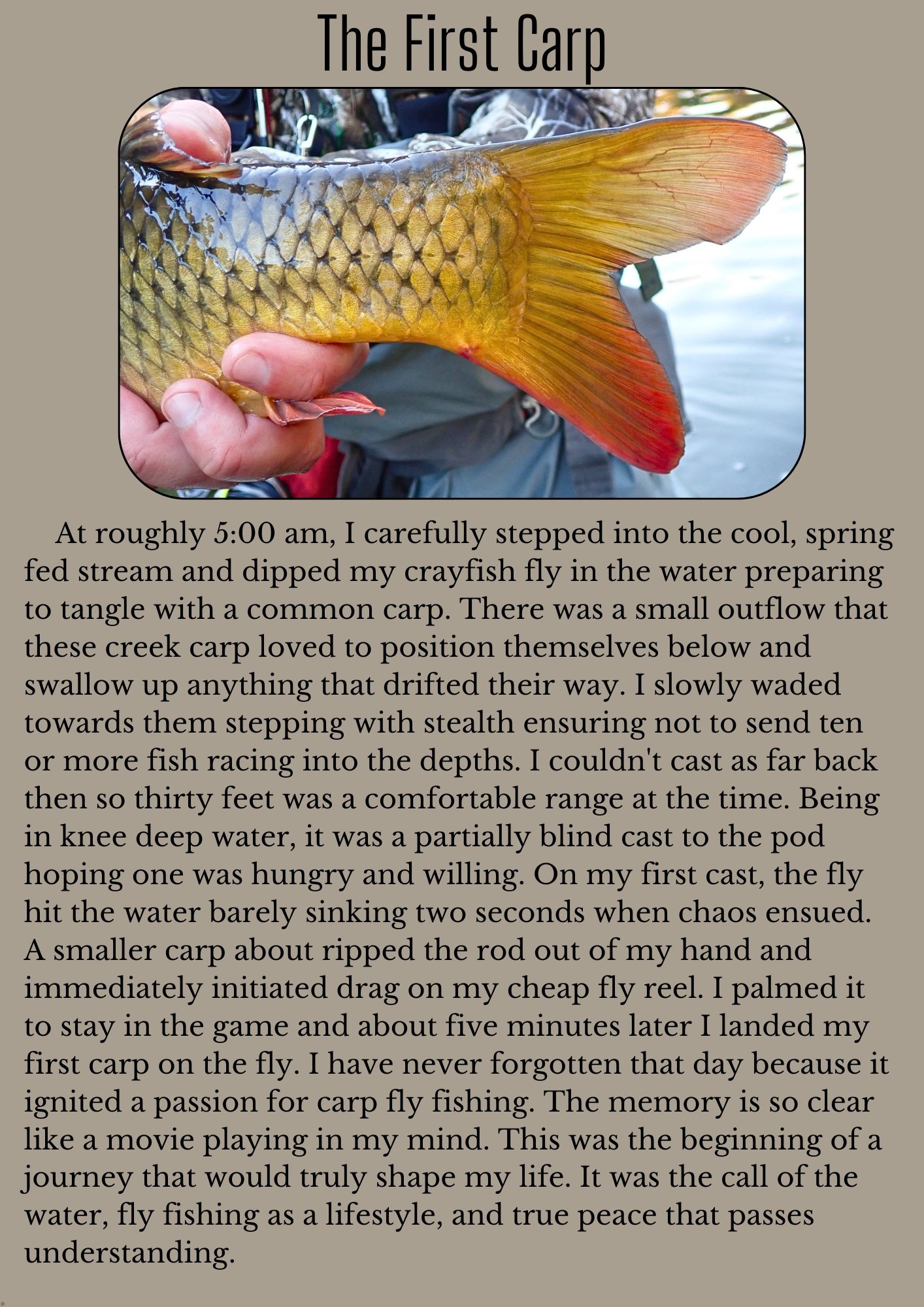 “Call of the Water” blog post page 3, The First Carp, featuring a colorful gold carp tail with red highlights.