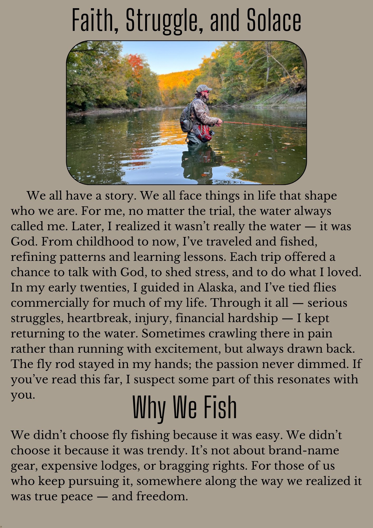 “Call of the Water” blog post page 4, Why We Fish, showing fly angler Matt Campbell waist-deep in a small stream.