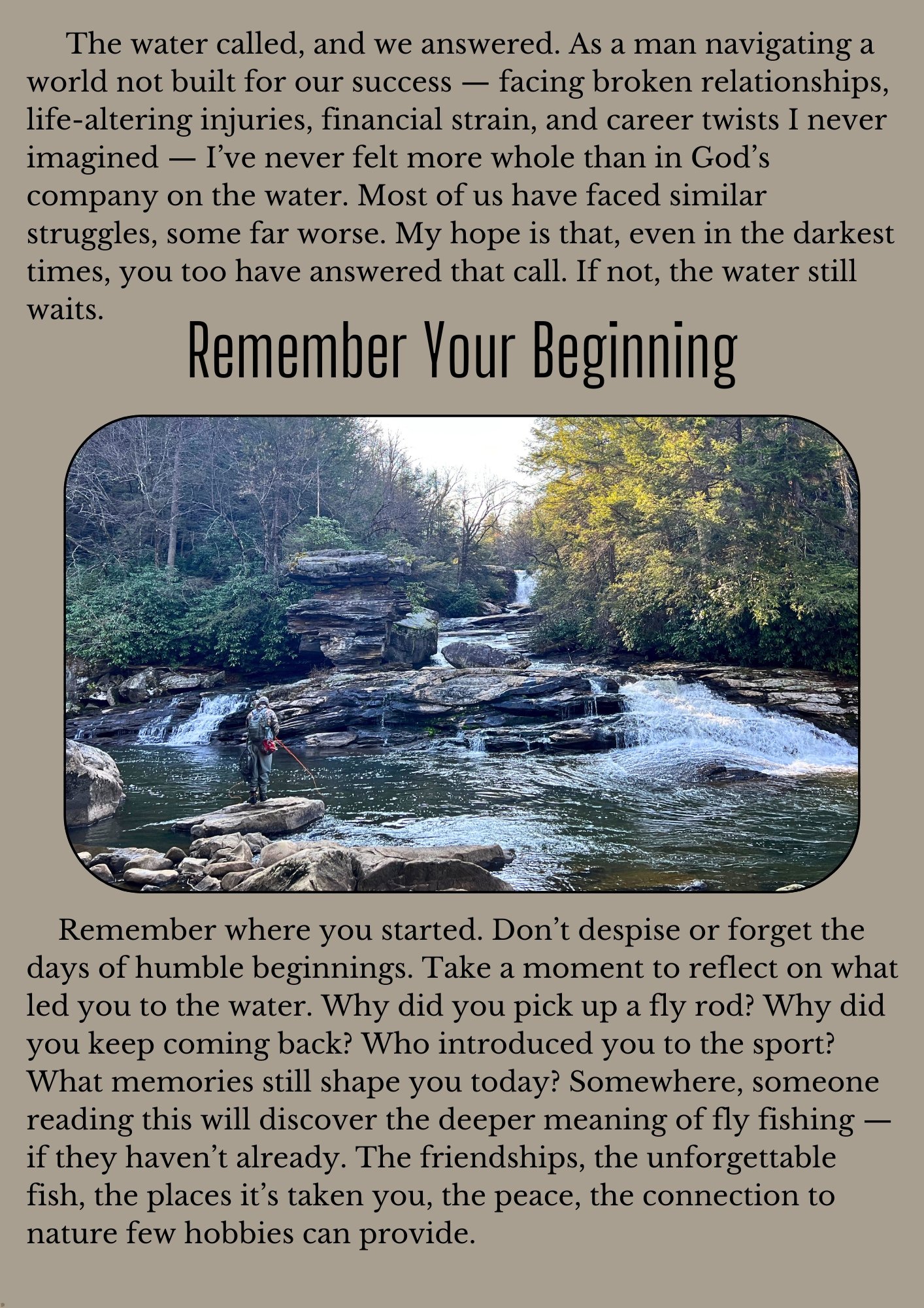 “Call of the Water” blog post page 5, Remember Your Beginning, showing fly fishing guide Matt Campbell below a Maryland waterfall.