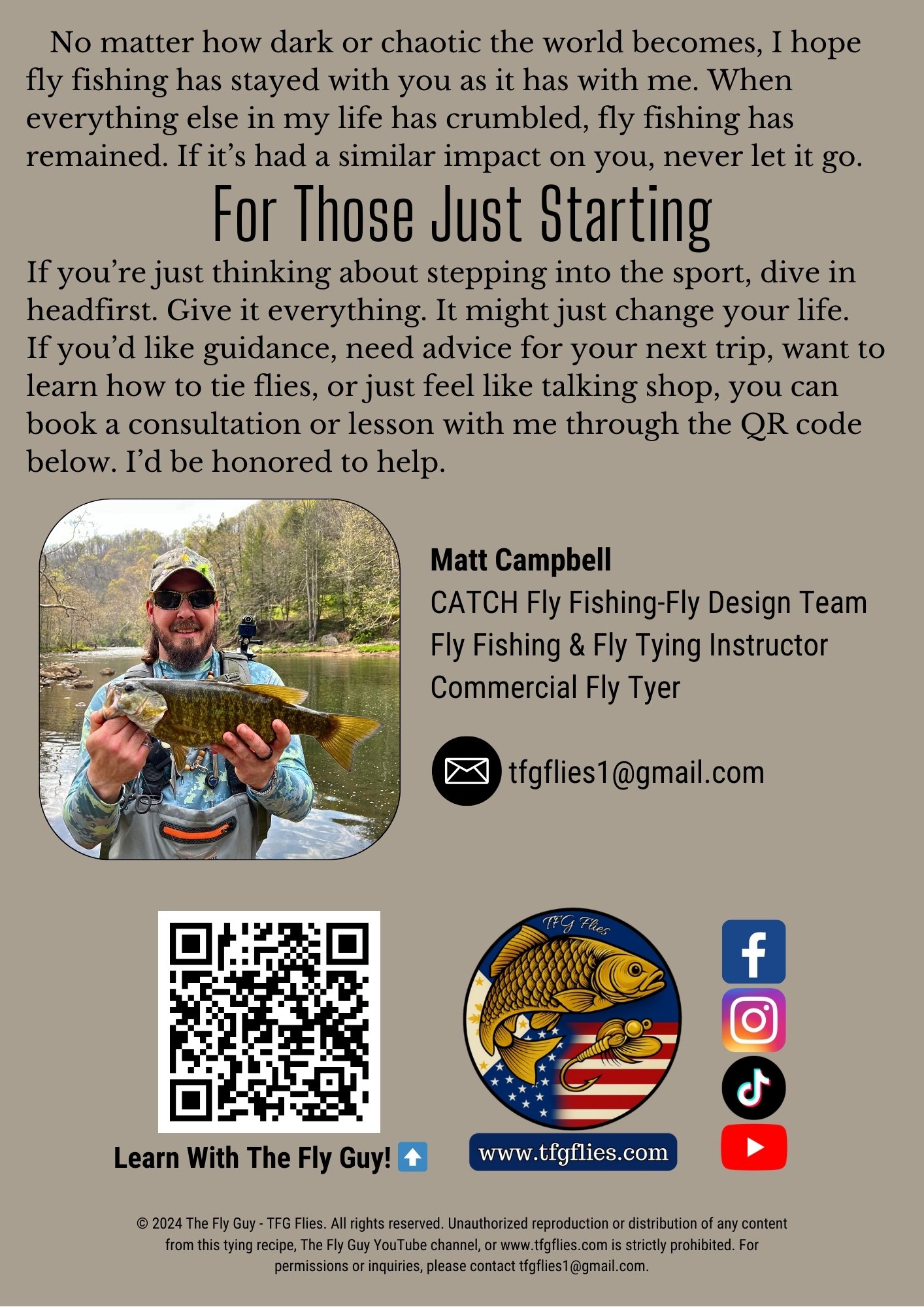 “Call of the Water” blog post page 6, For Those Just Starting, featuring fly fishing guide Matt Campbell with booking and contact info.