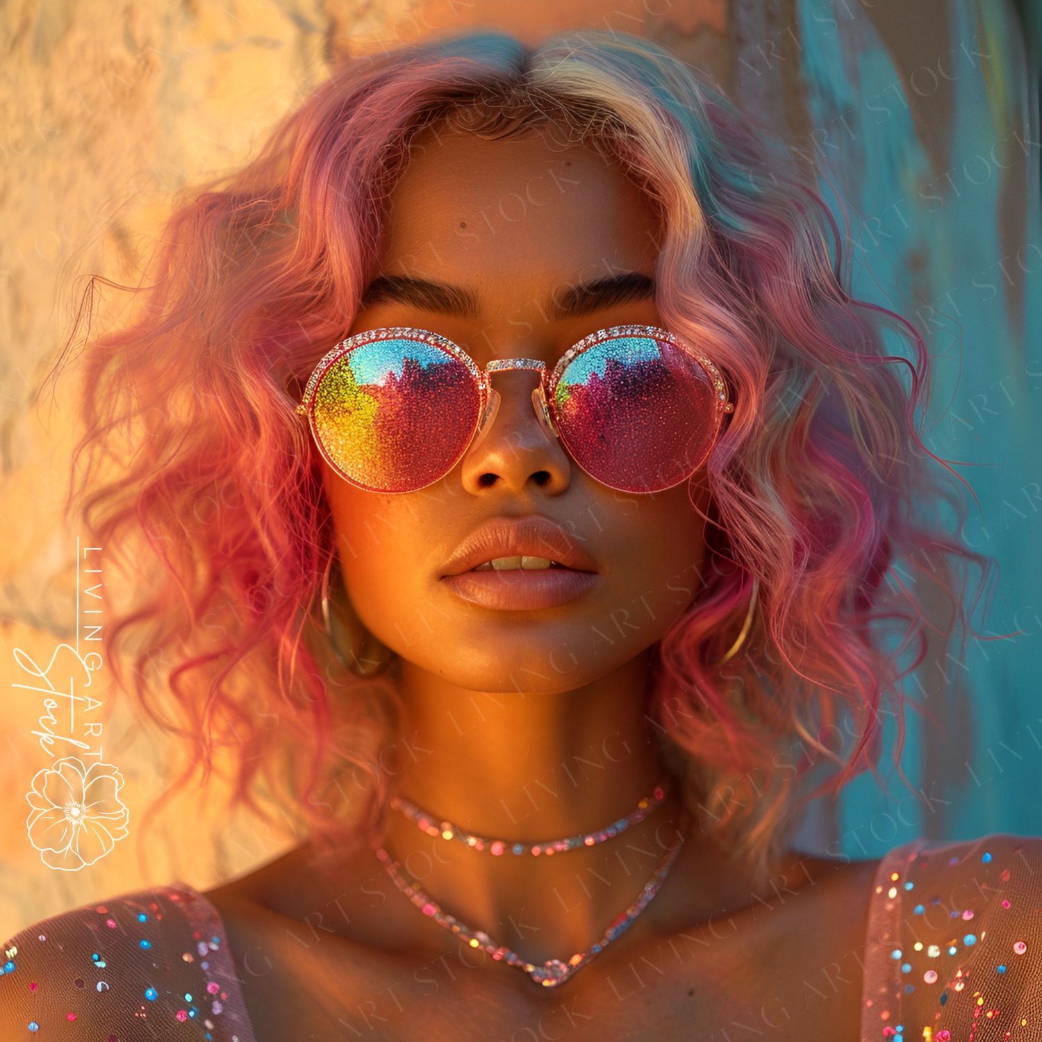 A close-up, warm-toned portrait featuring a stylish young woman with vibrant, curly, multi-colored hair in shades of pastel pink, light blue, and blonde highlights. She is wearing oversized, round sunglasses with pink glitter frames and reflective, rainbo