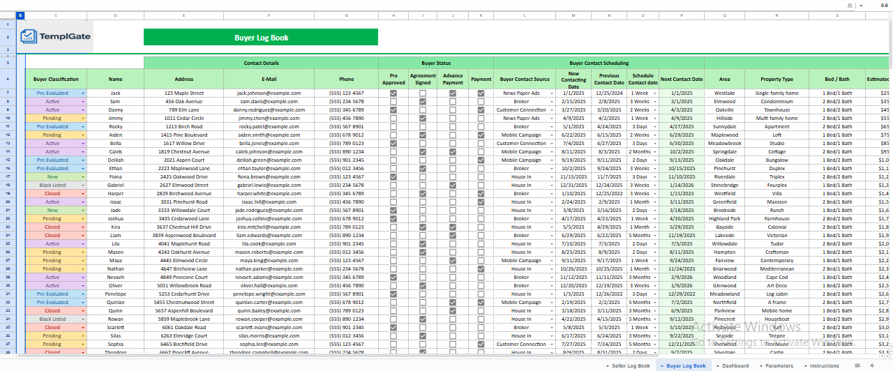 Buyer log book in a real estate pipeline tracker displaying buyer classification, contact details, deal status, follow-up dates, and property preferences in Google Sheets.