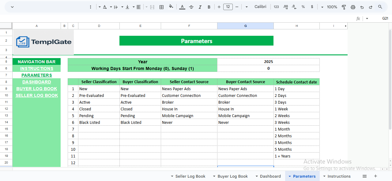 Real estate pipeline tracker parameters sheet used to customize buyer and seller classifications, contact sources, follow-up schedules, and working day rules.