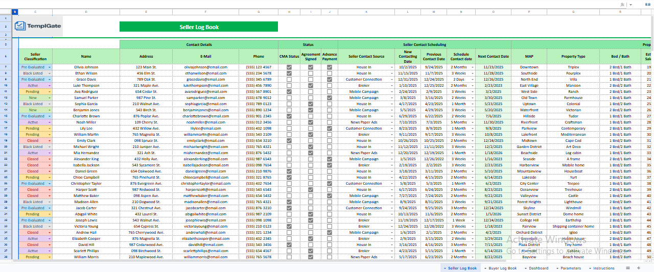 Seller log book for real estate agents showing seller status, contact details, agreement tracking, follow-up scheduling, and property information in Google Sheets.