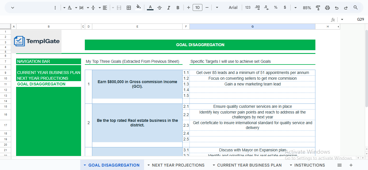 Goal disaggregation sheet for real estate business planning that breaks income goals into specific targets, actions, and measurable objectives inside Google Sheets.