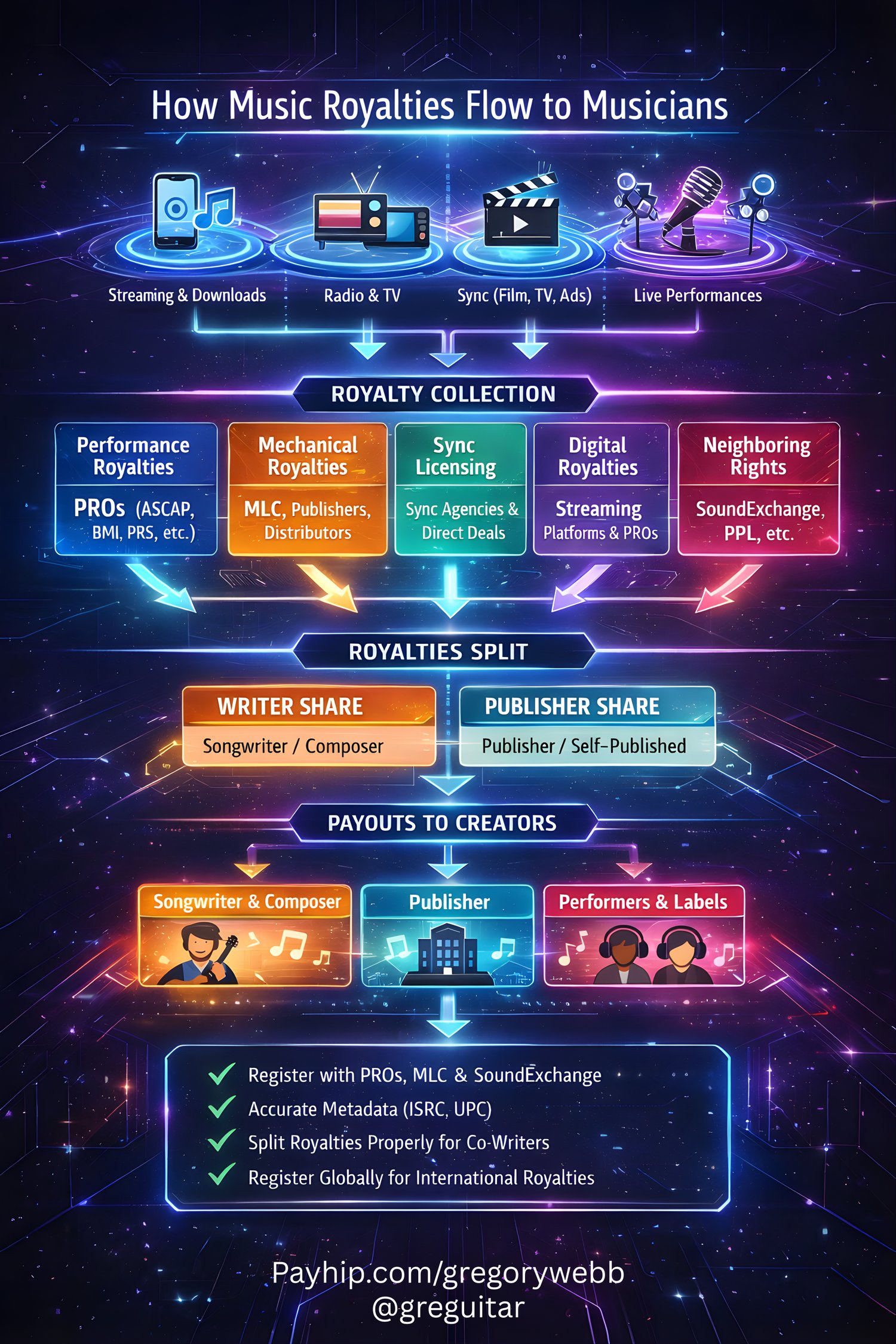 Royalty Flow Chart - music royalties, performing rights organizations, musuc industry, music business