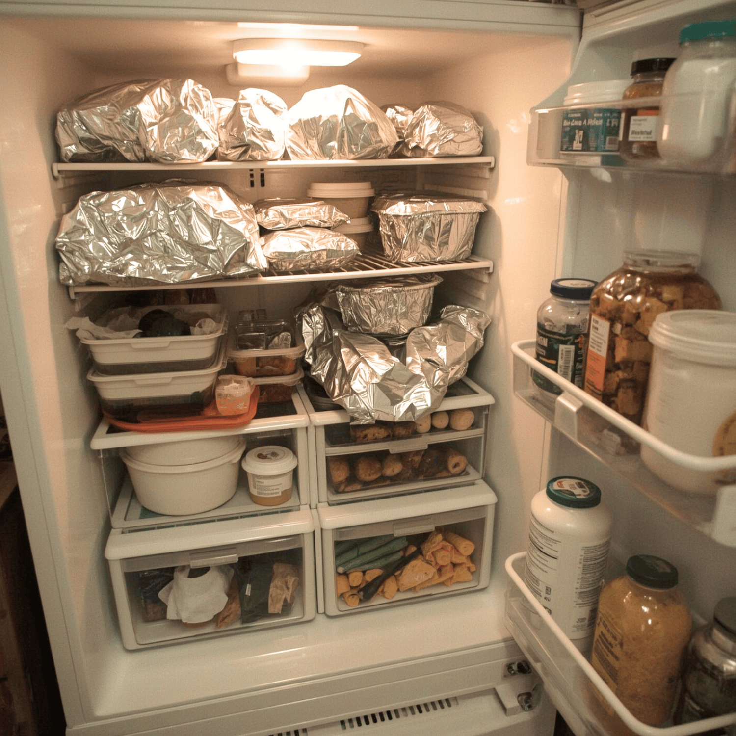A refrigerator that full with left over food from the party.