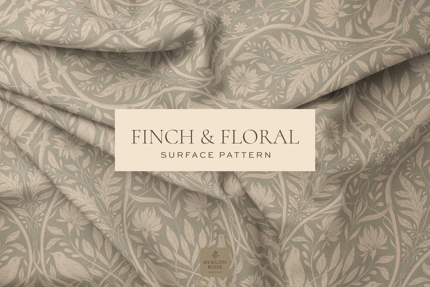 Beige surface pattern design featuring florals and birds with the words Finch & Floral Surface Pattern