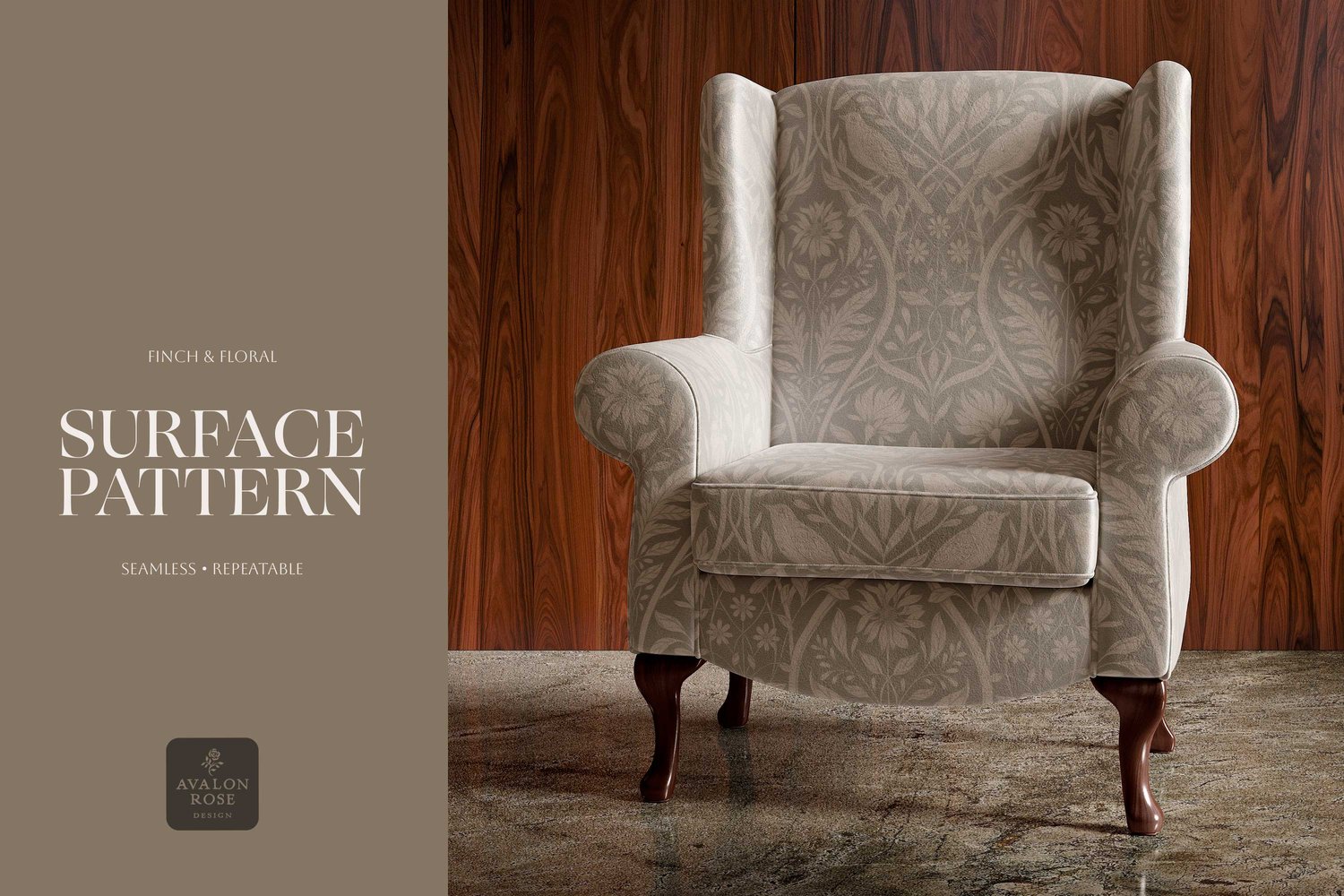 Beige surface pattern design featuring florals and birds with the words Finch & Floral Surface Pattern