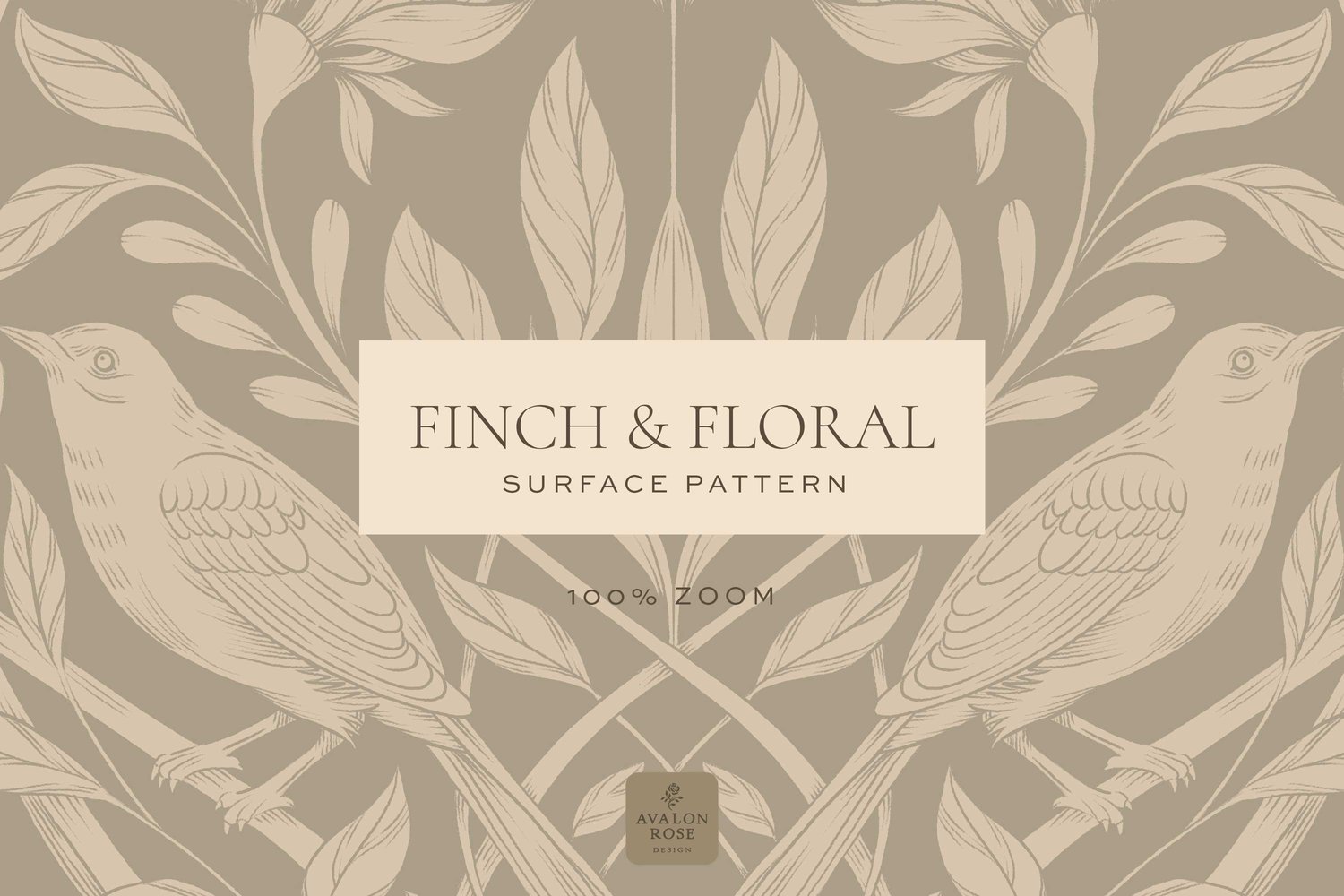 Beige surface pattern design featuring florals and birds with the words Finch & Floral Surface Pattern