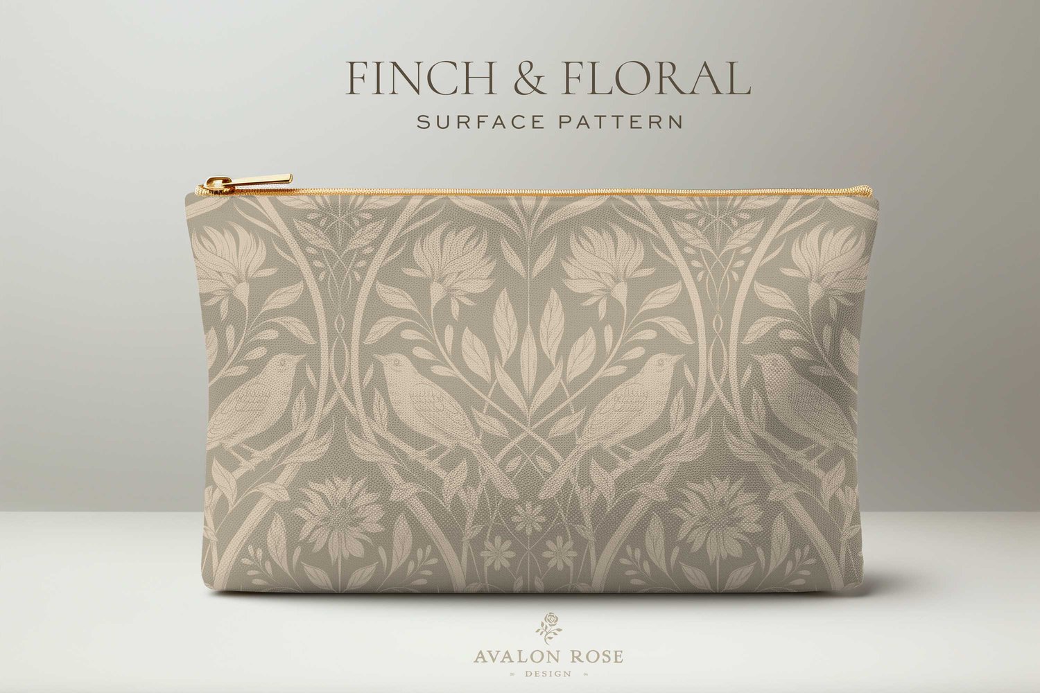 Beige surface pattern design featuring florals and birds with the words Finch & Floral Surface Pattern