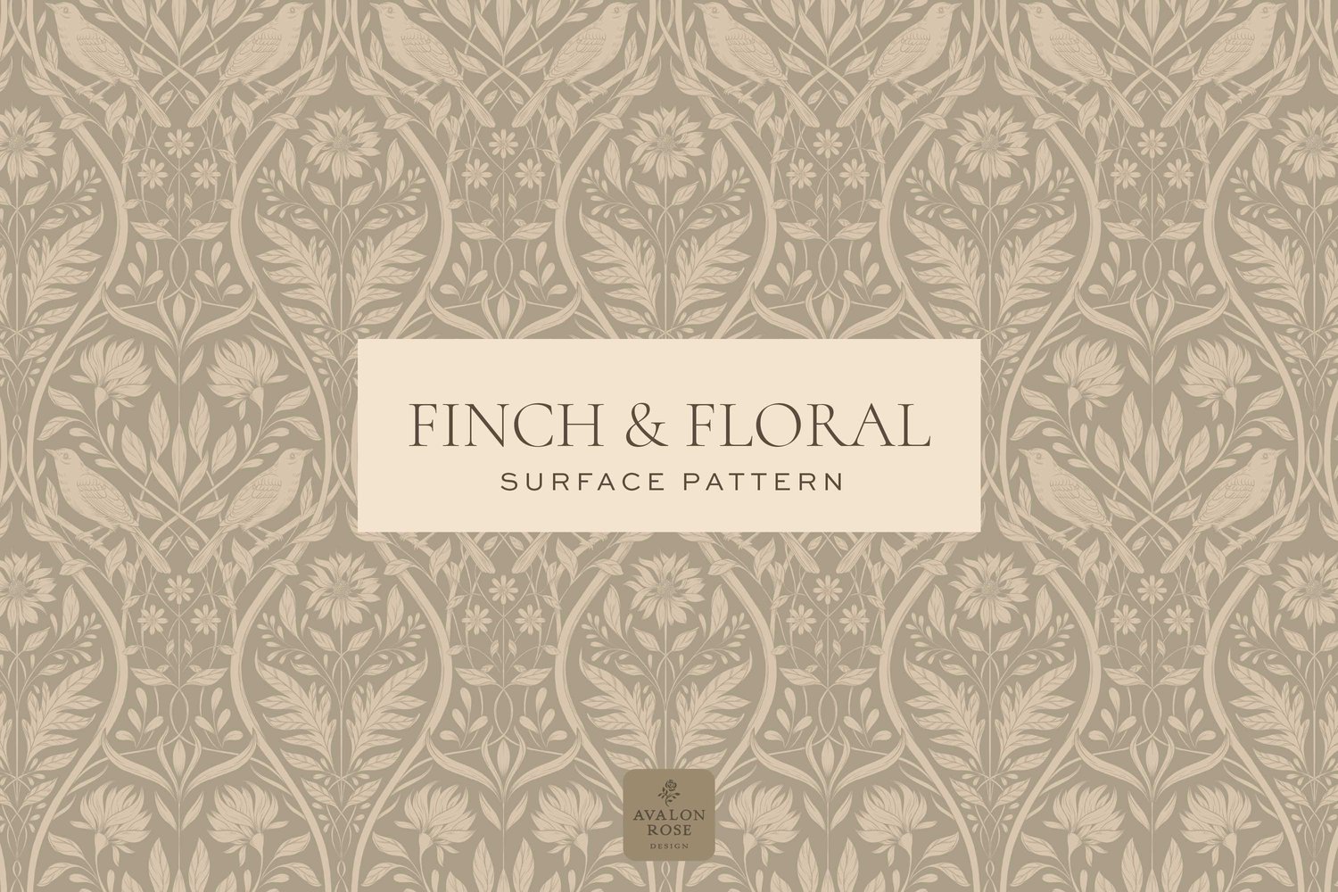 Beige surface pattern design featuring florals and birds with the words Finch & Floral Surface Pattern