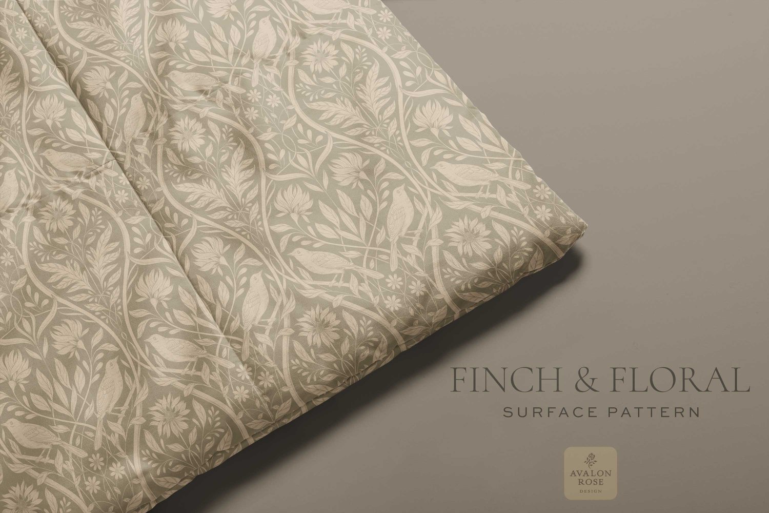 Beige surface pattern design featuring florals and birds with the words Finch & Floral Surface Pattern