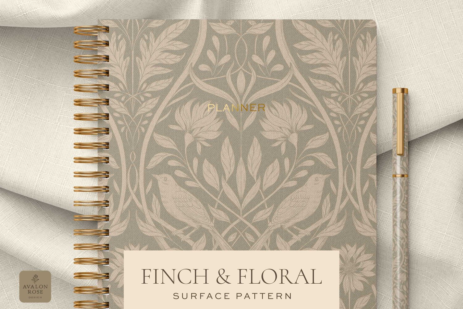 Beige surface pattern design featuring florals and birds with the words Finch & Floral Surface Pattern