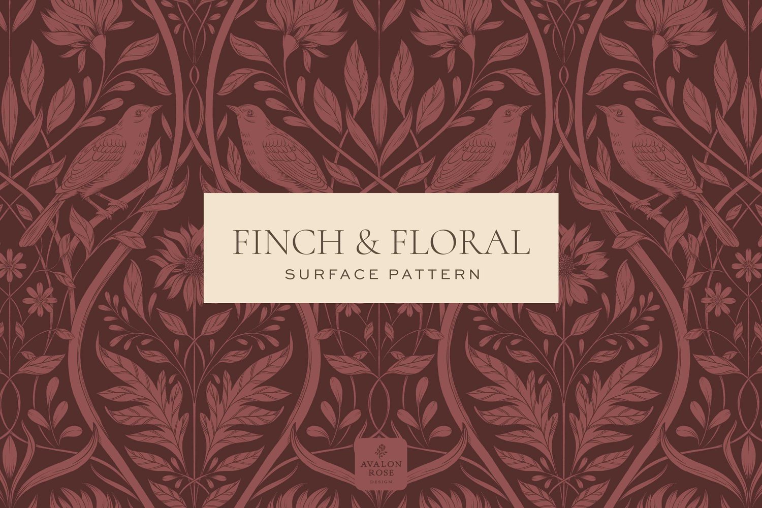 Burgundy surface pattern design featuring florals and birds with the words Finch & Floral Surface Pattern