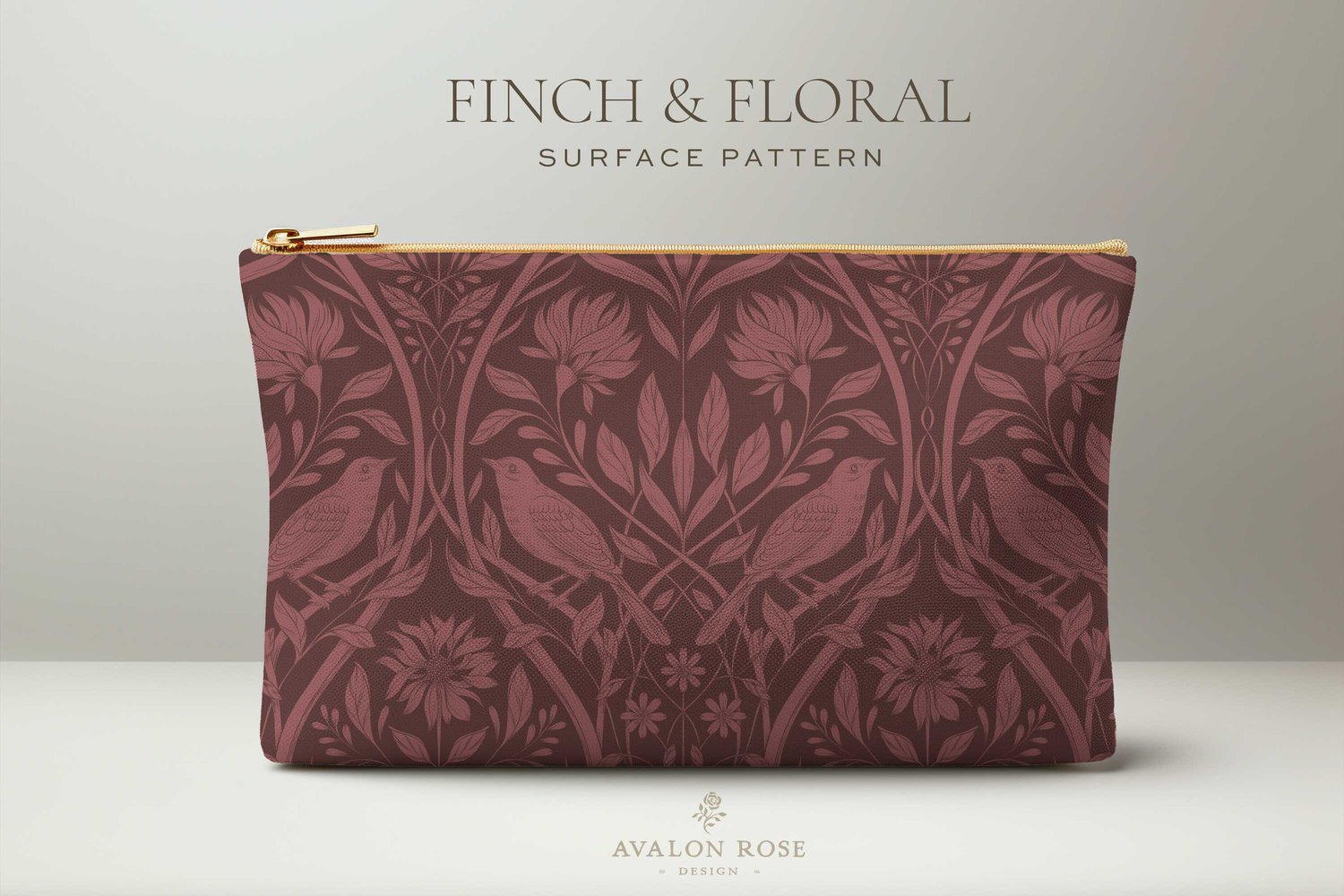 Burgundy surface pattern design featuring florals and birds with the words Finch & Floral Surface Pattern