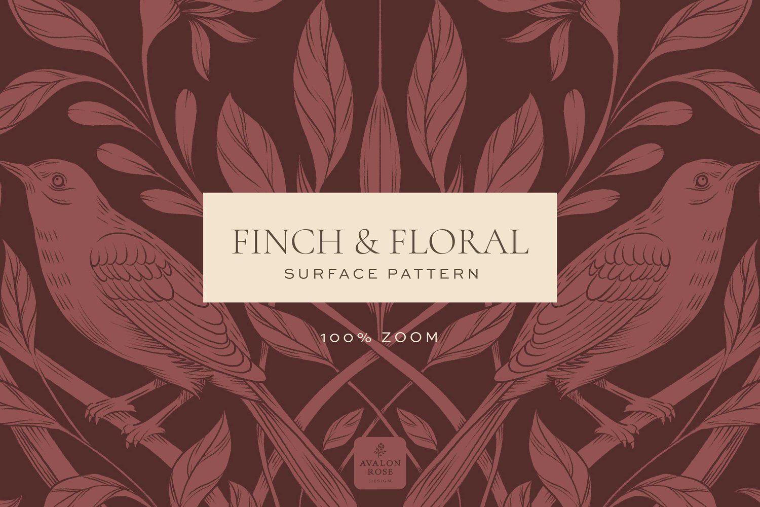 Burgundy surface pattern design featuring florals and birds with the words Finch & Floral Surface Pattern