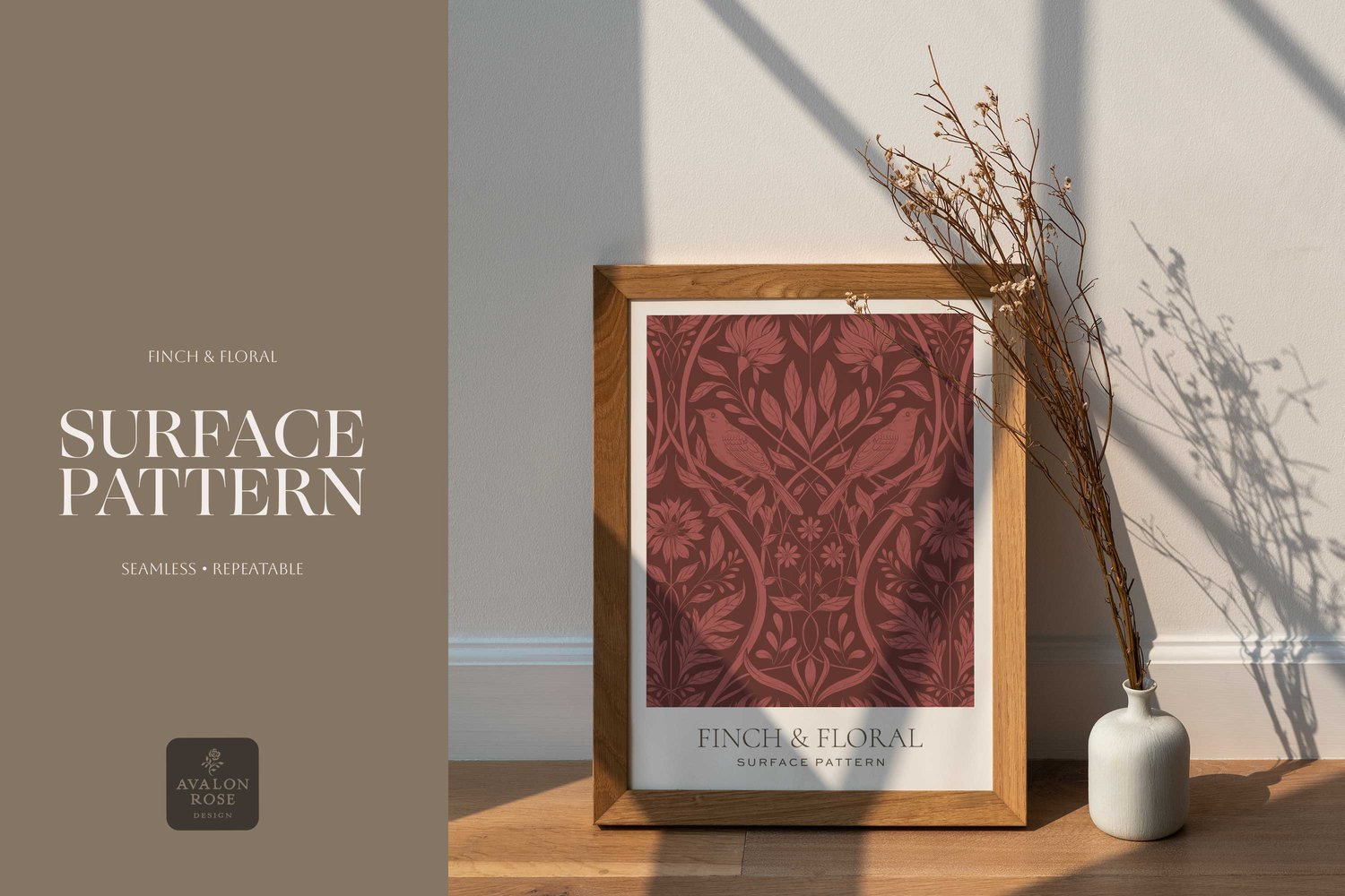 Burgundy surface pattern design featuring florals and birds with the words Finch & Floral Surface Pattern