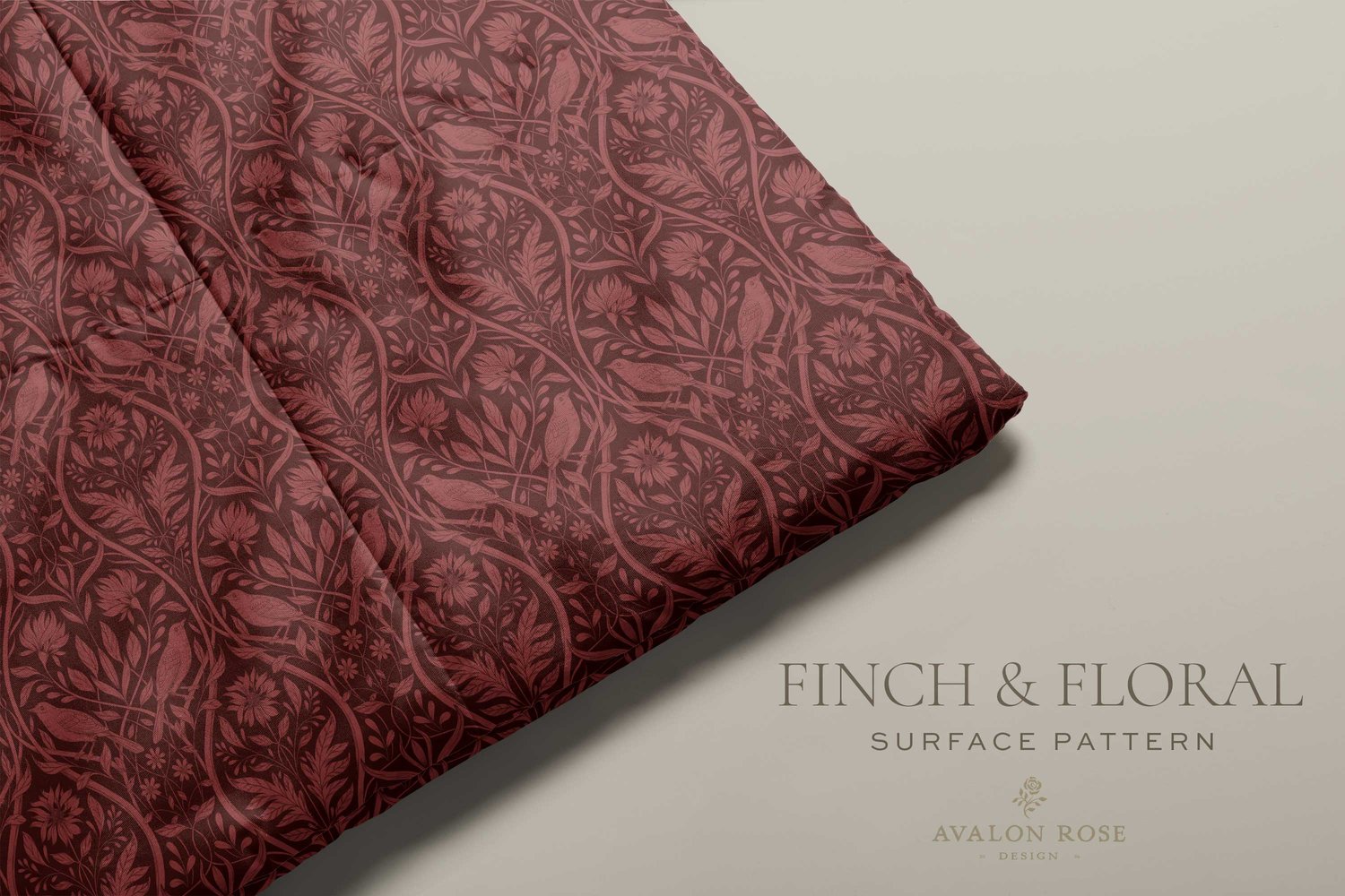 Burgundy surface pattern design featuring florals and birds with the words Finch & Floral Surface PatternBurgundy surface pattern design featuring florals and birds with the words Finch & Floral Surface Pattern
