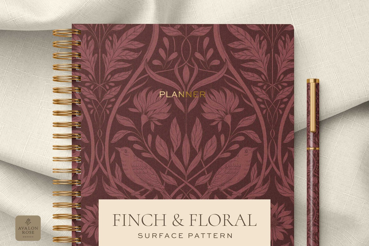 Burgundy surface pattern design featuring florals and birds with the words Finch & Floral Surface Pattern
