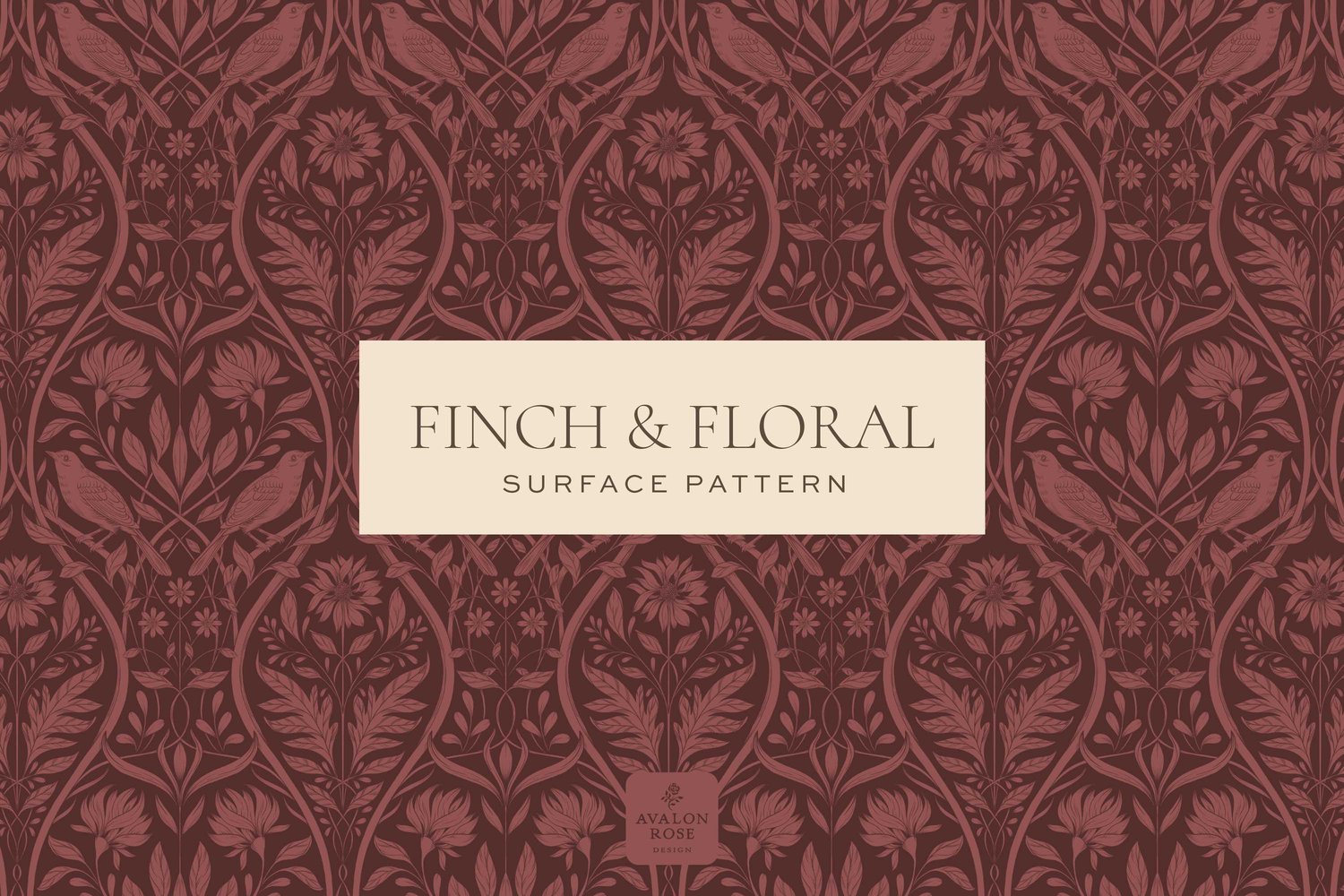 Burgundy surface pattern design featuring florals and birds with the words Finch & Floral Surface Pattern