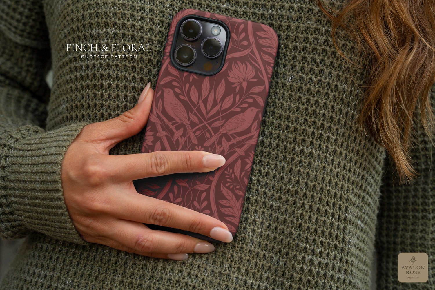 Burgundy surface pattern design featuring florals and birds with the words Finch & Floral Surface Pattern