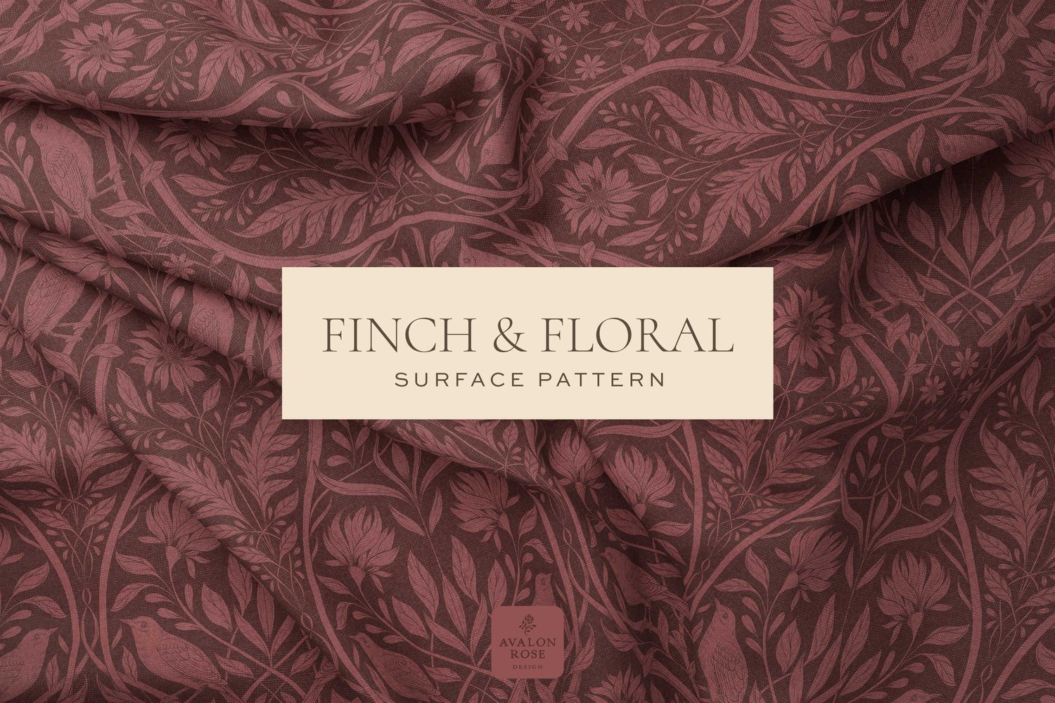 Burgundy surface pattern design featuring florals and birds with the words Finch & Floral Surface Pattern