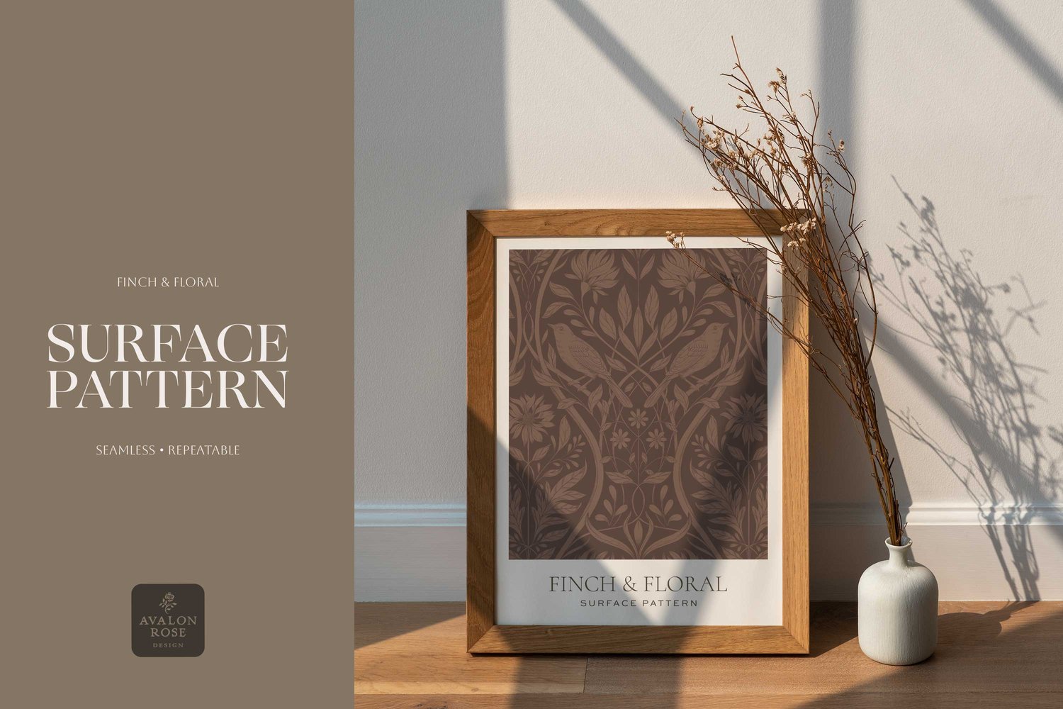 Dark brown surface pattern design featuring florals and birds with the words Finch & Floral Surface Pattern
