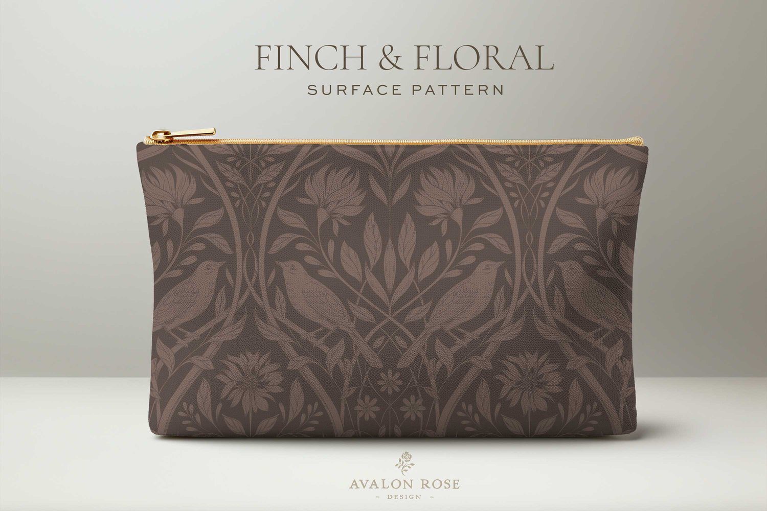 Dark brown surface pattern design featuring florals and birds with the words Finch & Floral Surface Pattern