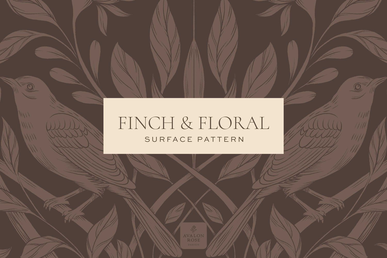 Dark brown surface pattern design featuring florals and birds with the words Finch & Floral Surface Pattern