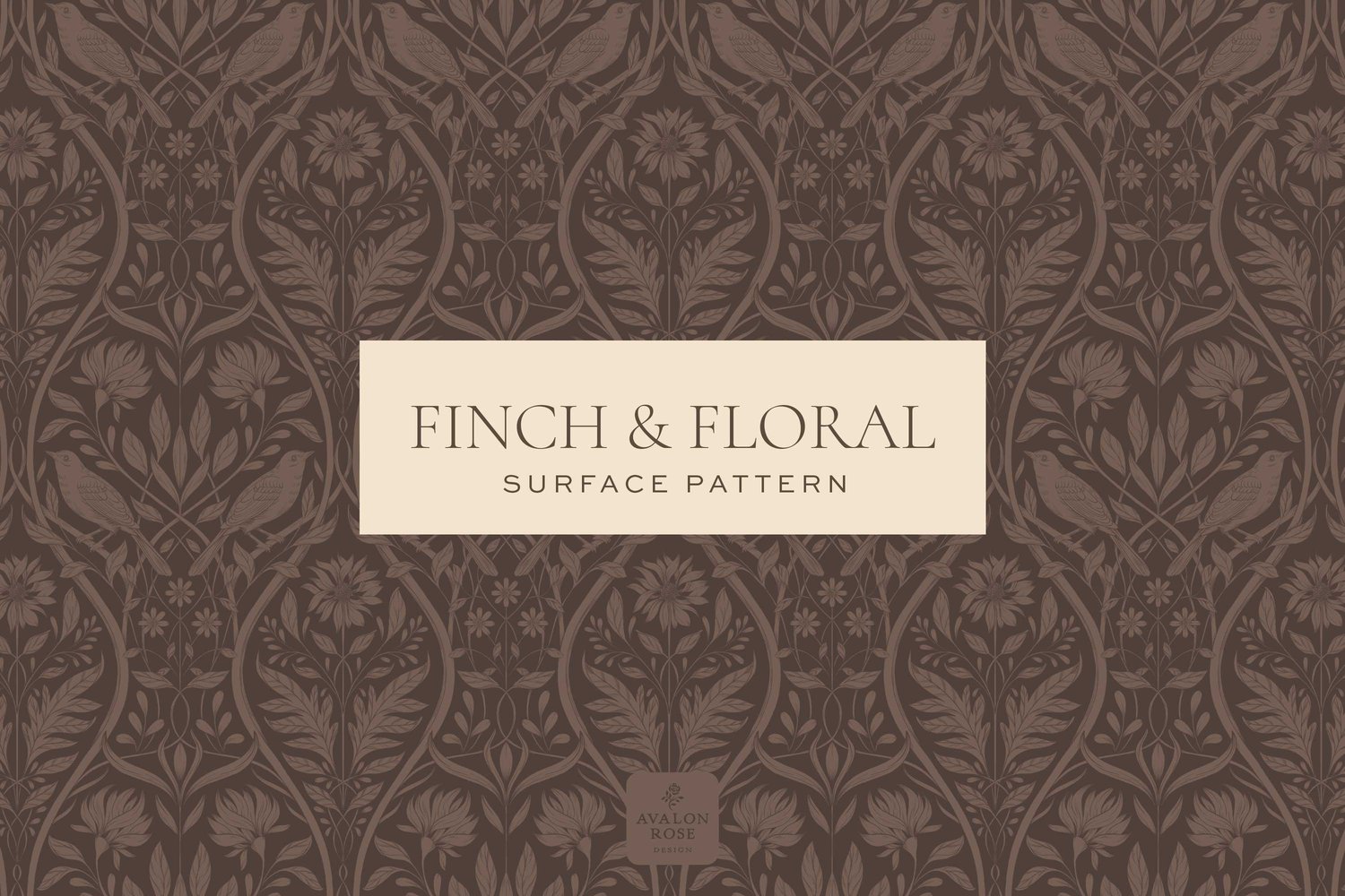 Dark brown surface pattern design featuring florals and birds with the words Finch & Floral Surface Pattern