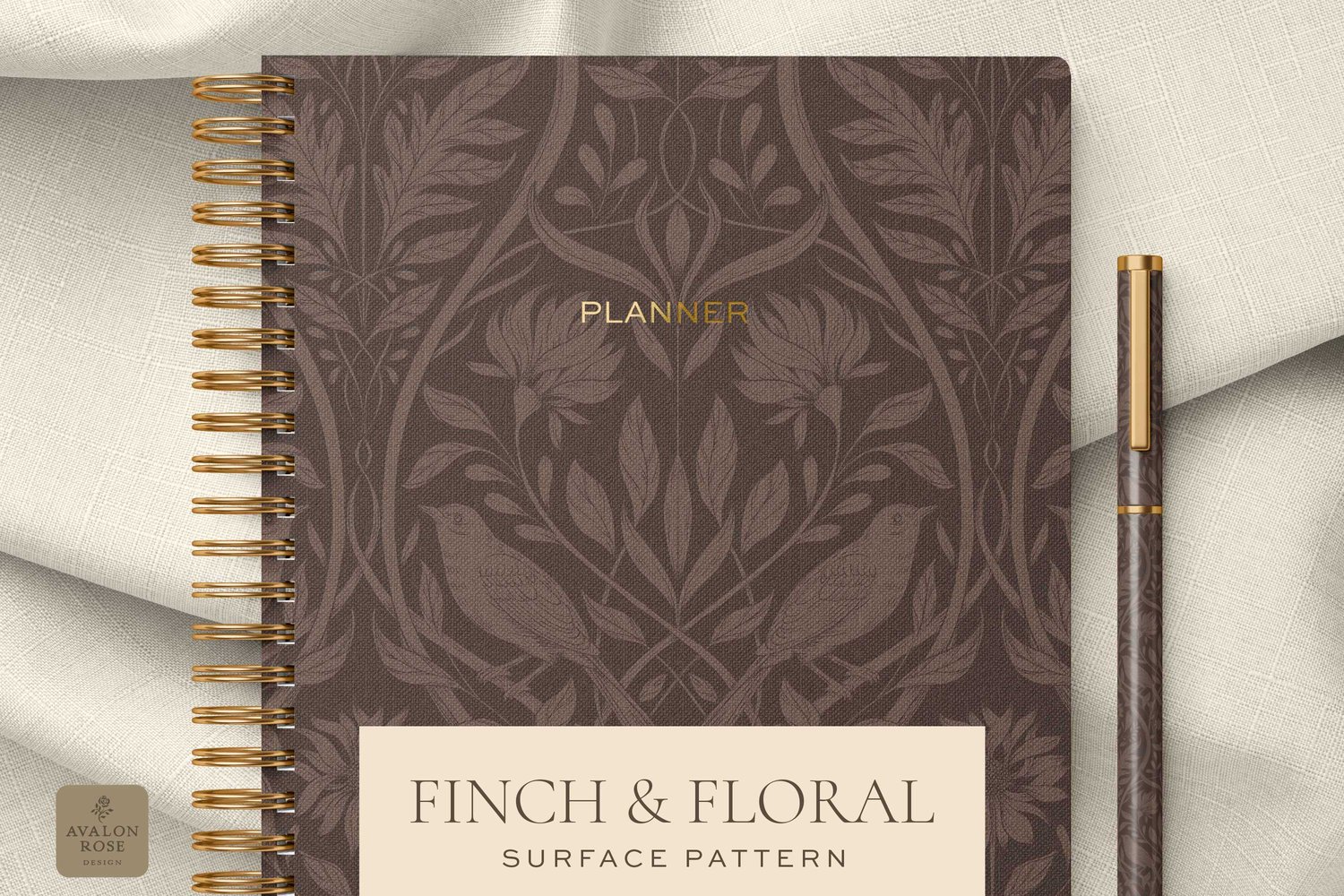Dark brown surface pattern design featuring florals and birds with the words Finch & Floral Surface Pattern