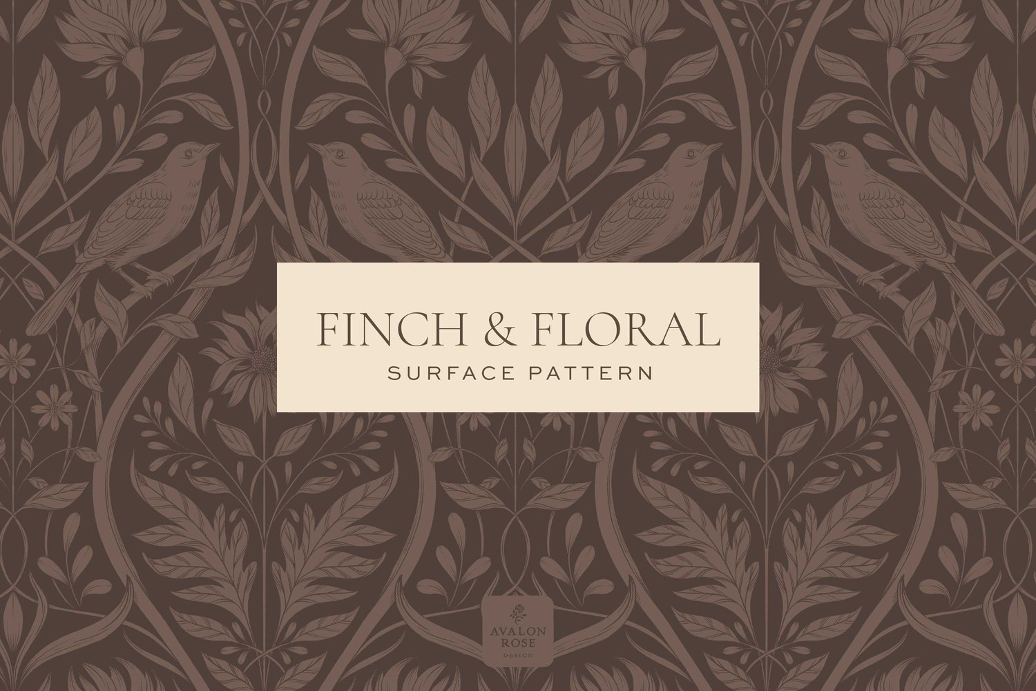 Dark brown surface pattern design featuring florals and birds with the words Finch & Floral Surface Pattern