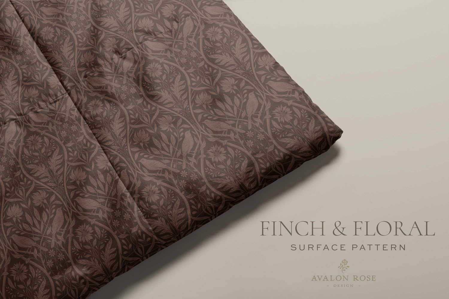 Dark brown surface pattern design featuring florals and birds with the words Finch & Floral Surface Pattern