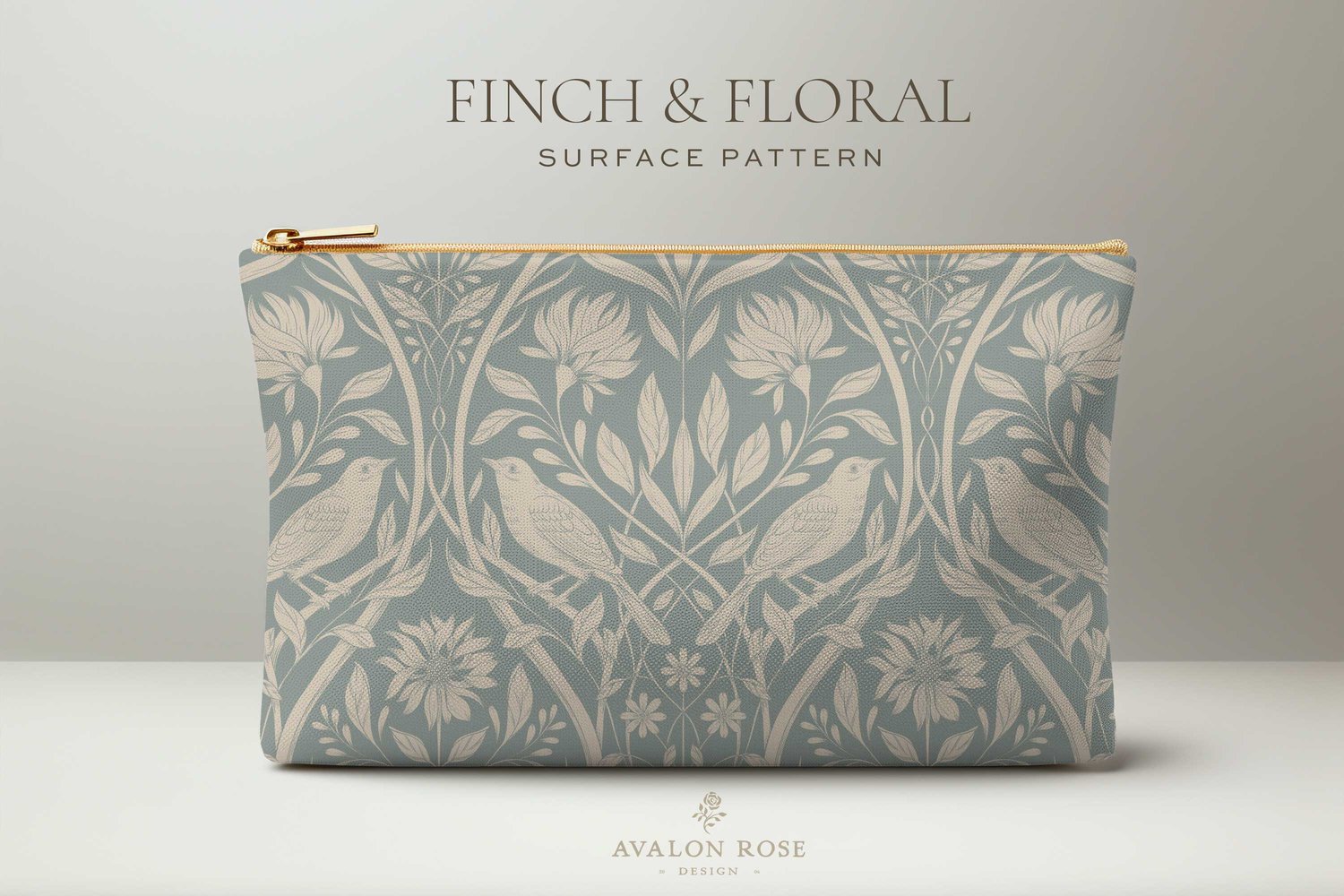 Cream and blue surface pattern design featuring florals and birds with the words Finch & Floral Surface Pattern