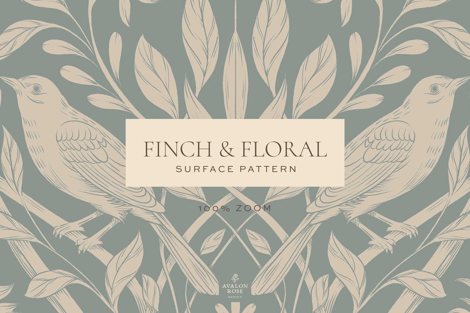 Cream and blue surface pattern design featuring florals and birds with the words Finch & Floral Surface Pattern