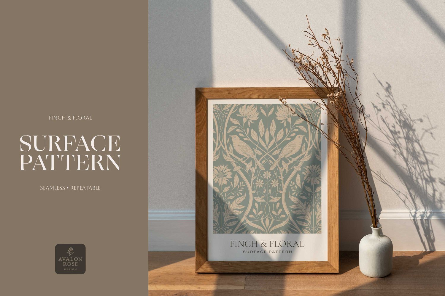 Cream and blue surface pattern design featuring florals and birds with the words Finch & Floral Surface Pattern