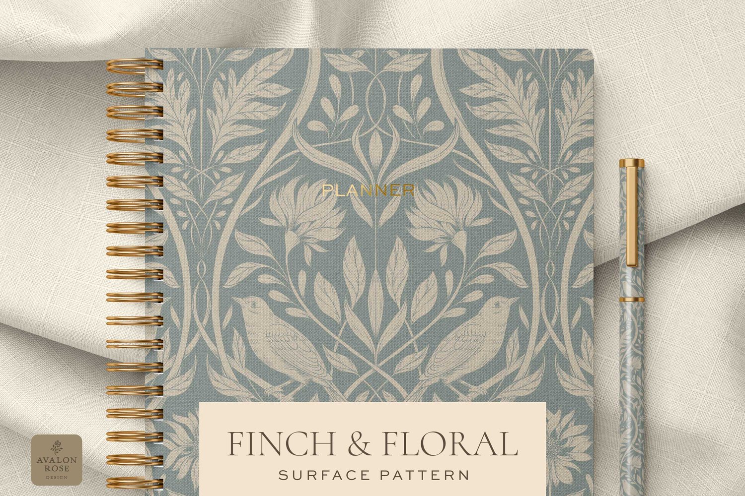 Cream and blue surface pattern design featuring florals and birds with the words Finch & Floral Surface Pattern