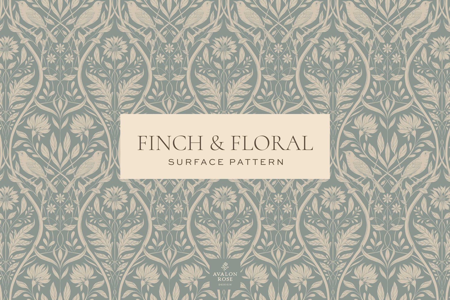 Cream and blue surface pattern design featuring florals and birds with the words Finch & Floral Surface Pattern