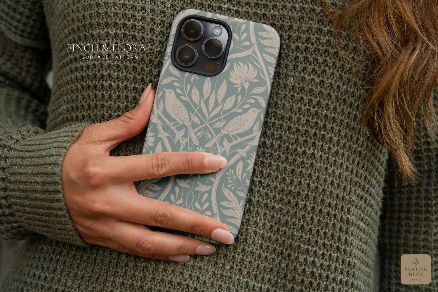 Cream and blue surface pattern design featuring florals and birds with the words Finch & Floral Surface Pattern
