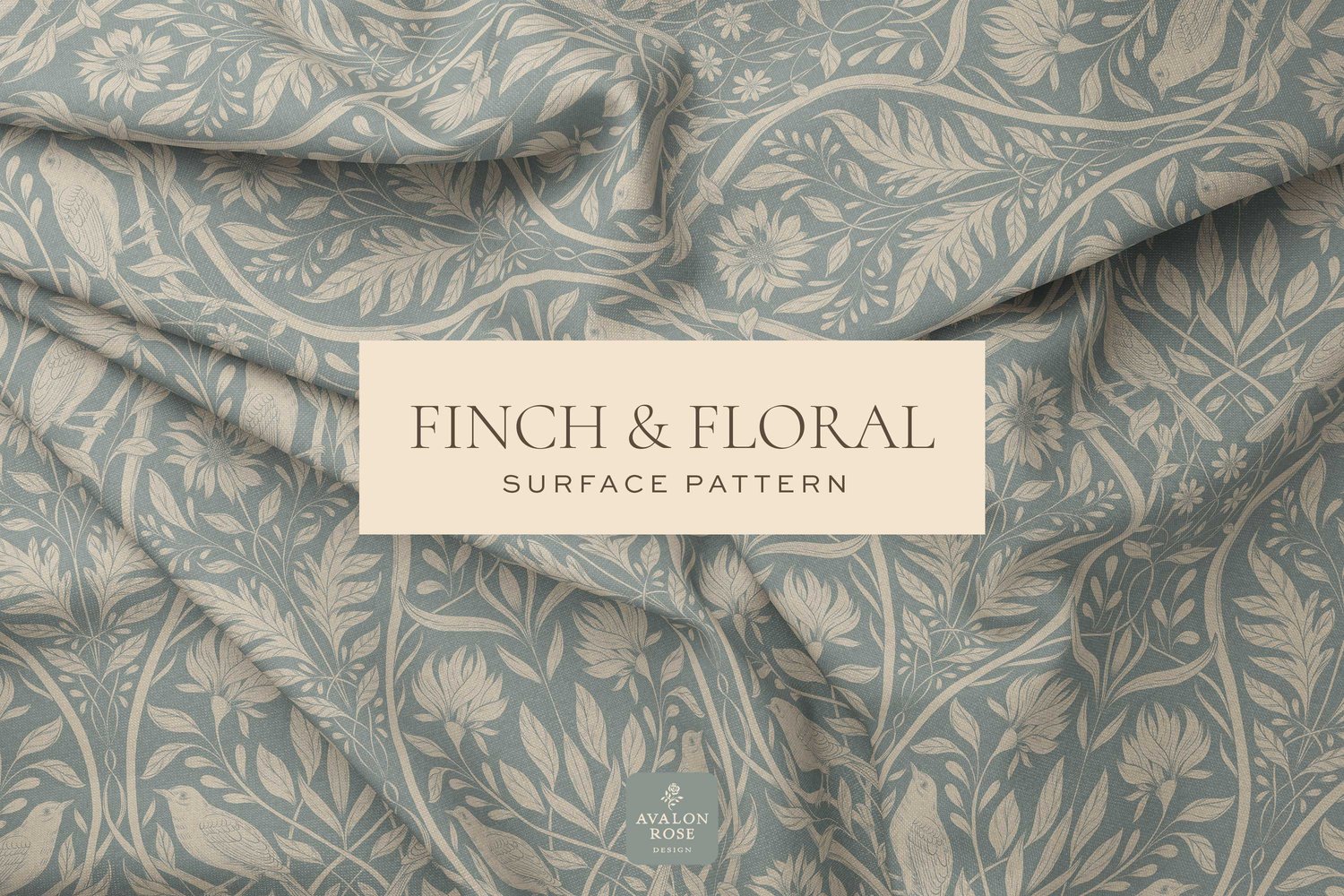 Cream and blue surface pattern design featuring florals and birds with the words Finch & Floral Surface Pattern