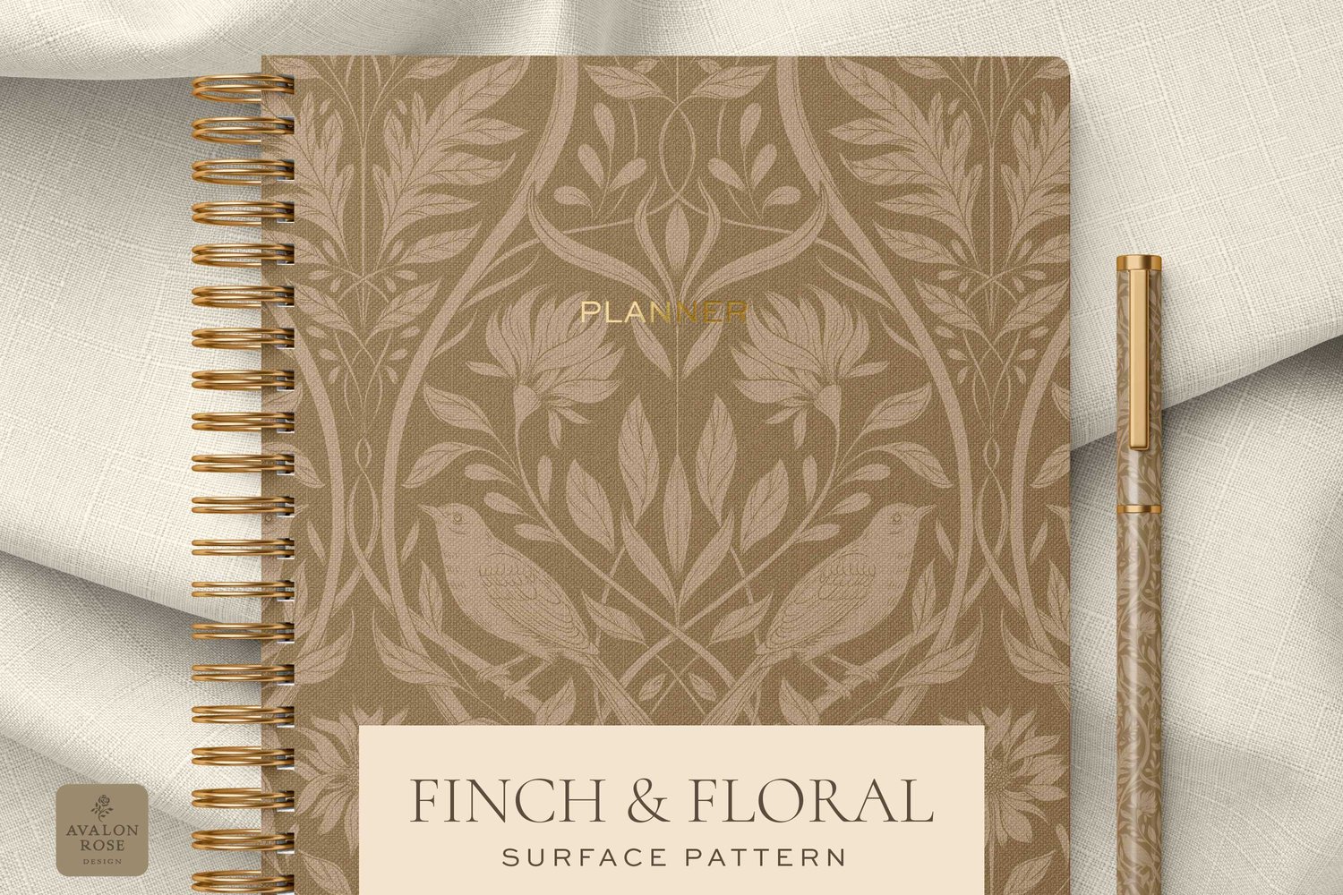 Cream and tan surface pattern design featuring florals and birds with the words Finch & Floral Surface Pattern