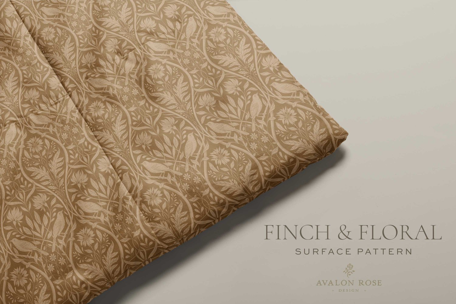 Cream and tan surface pattern design featuring florals and birds with the words Finch & Floral Surface Pattern