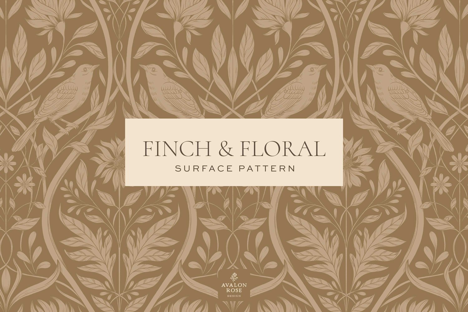 Cream and tan surface pattern design featuring florals and birds with the words Finch & Floral Surface Pattern