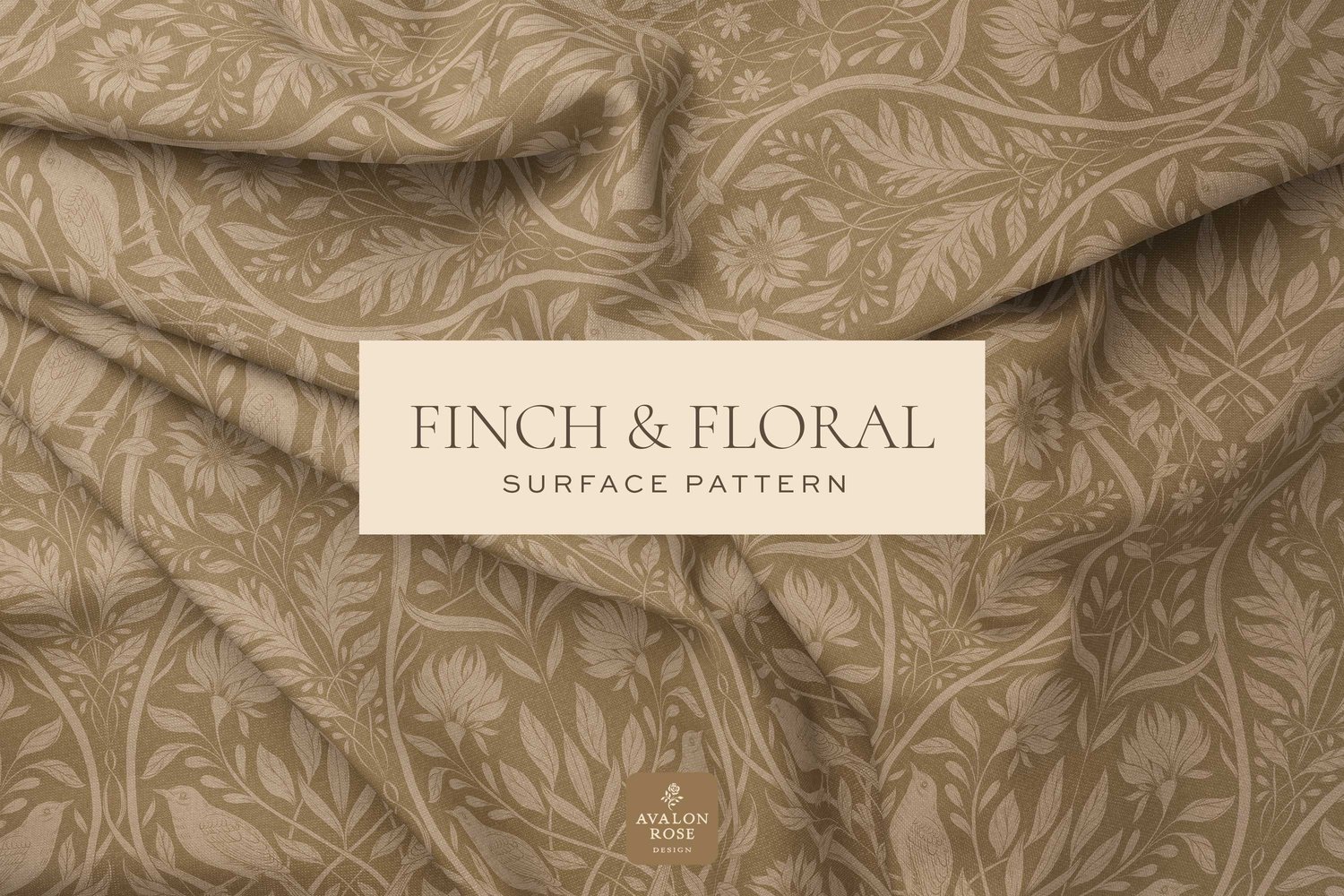 Cream and tan surface pattern design featuring florals and birds with the words Finch & Floral Surface Pattern