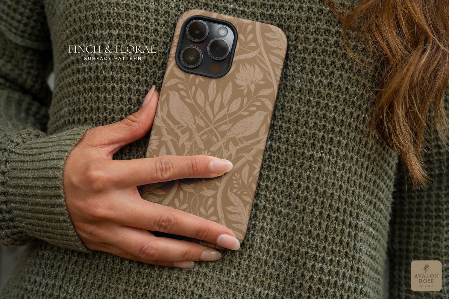 Cream and tan surface pattern design featuring florals and birds with the words Finch & Floral Surface Pattern