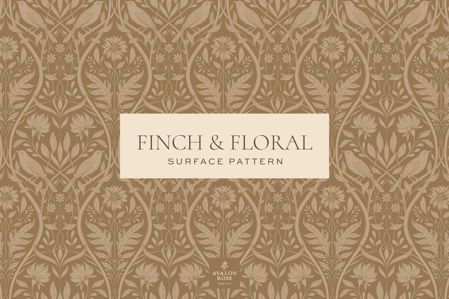 Cream and tan surface pattern design featuring florals and birds with the words Finch & Floral Surface Pattern