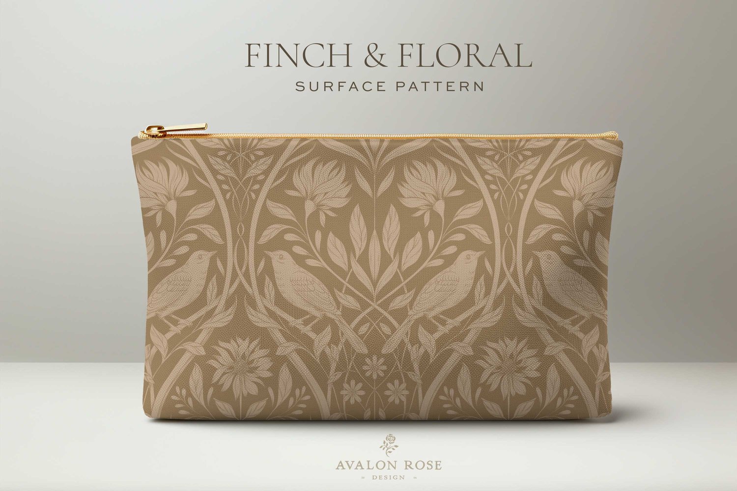 Cream and tan surface pattern design featuring florals and birds with the words Finch & Floral Surface Pattern